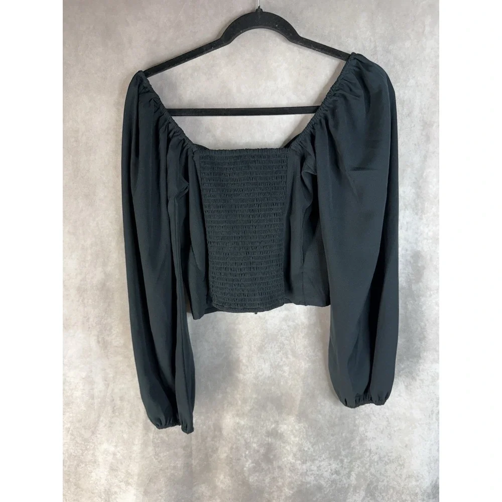 Abercrombie & Fitch Square Neck Smocked Puff Sleeve Blouse In Black Sz S